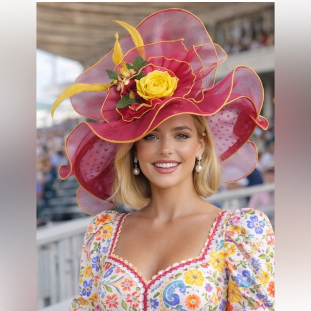 Kentucky Derby Hat Ky Oaks Organza Feather Pink Polka Dot and Yellow Floral Hat
